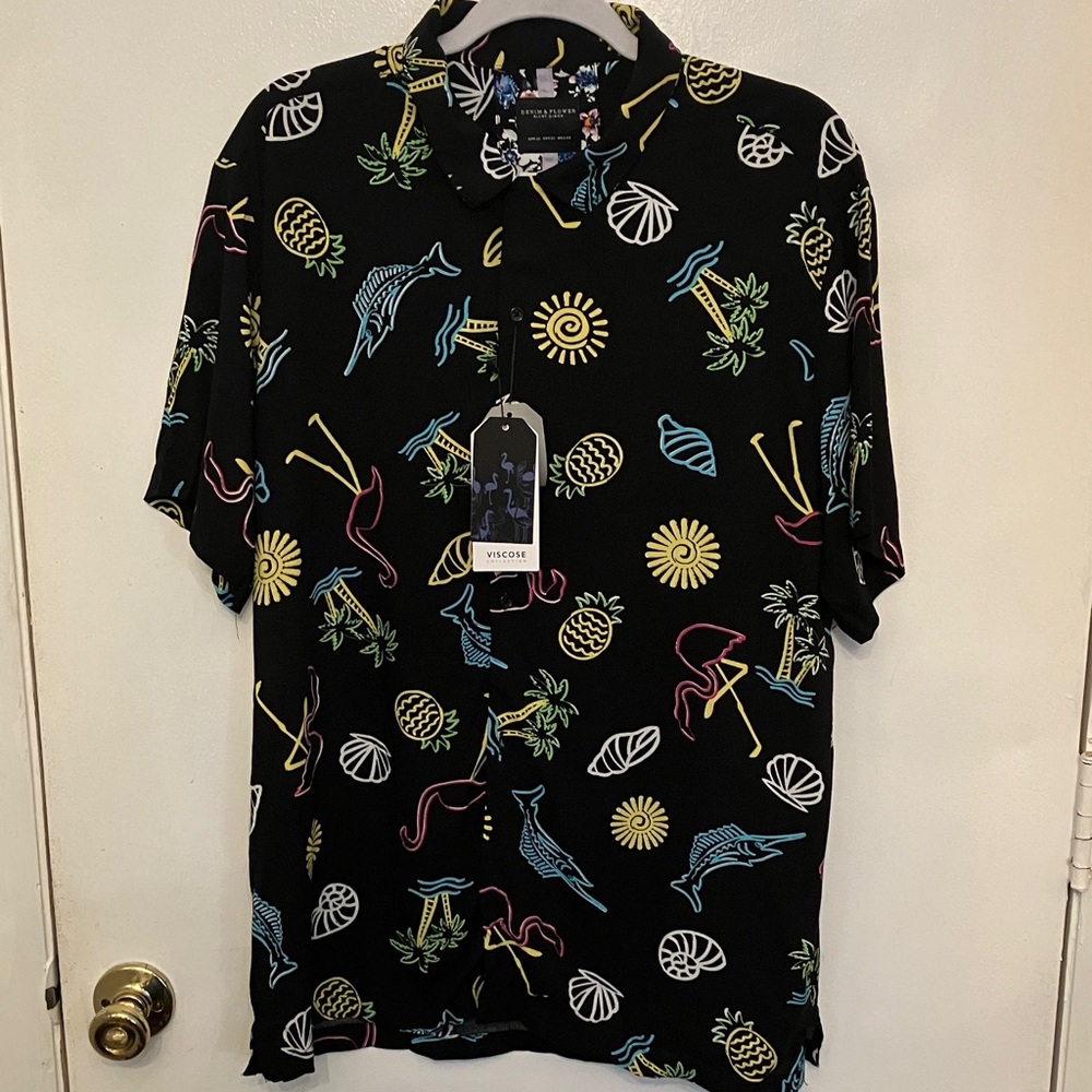 Denim and Flower Ricky Singh Black Shirt with Multicolor Tropical Print Viscose